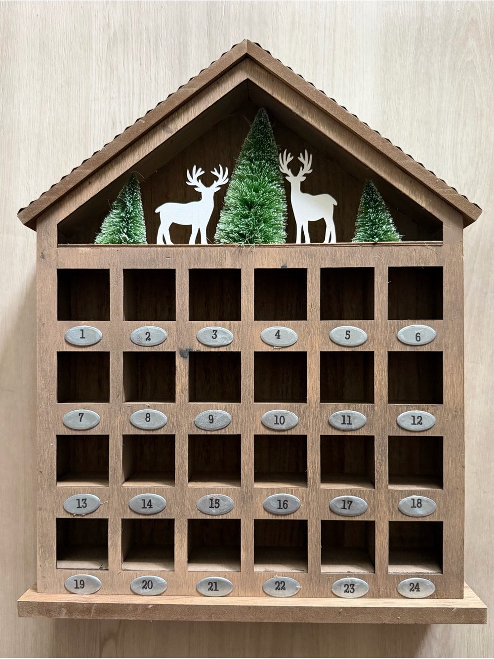 Rustic House Advent Calendar with Tin Roof, Deer and Pine Trees